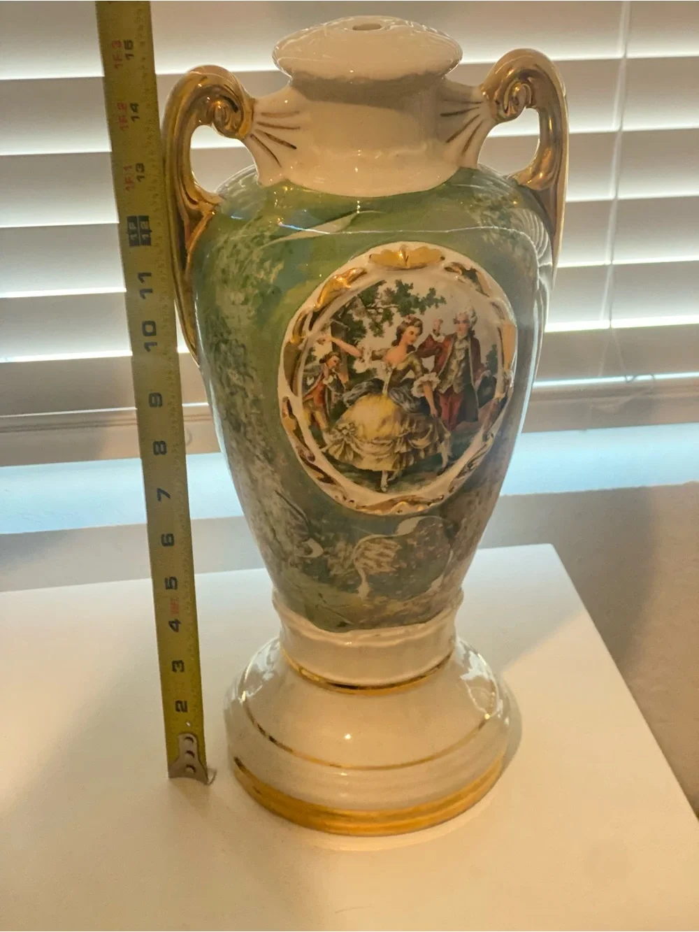 Vintage Green Hand Painted French Porcelain Table Lamp base with Gold Accents